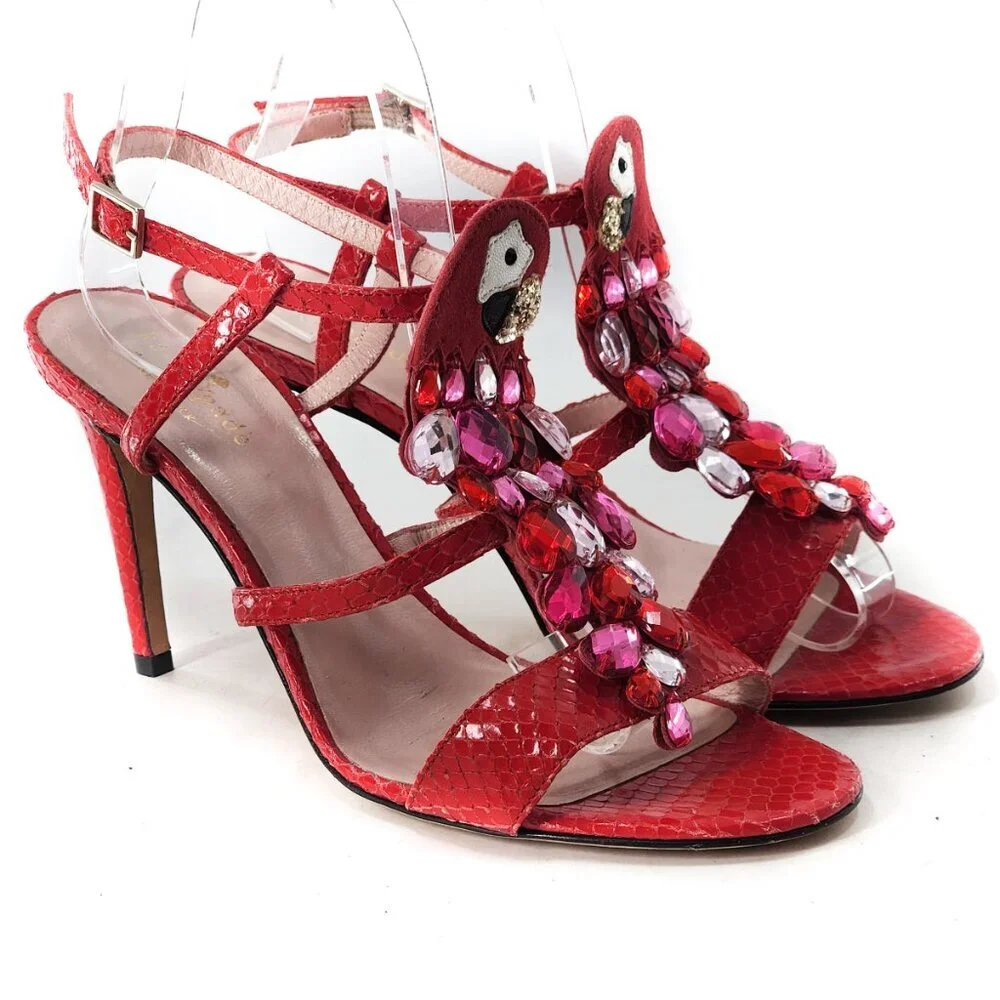 KATE SPADE Idalou Parrot Embellished Sandal Snake Embossed Leather‎